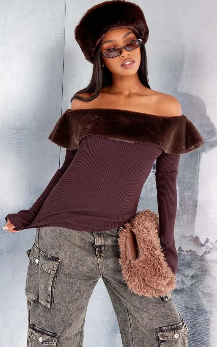 Chocolate Bardot Faux Fur Knitted Top