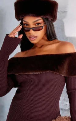 Chocolate Bardot Faux Fur Knitted Top