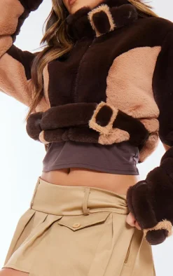 Chocolate Belted Collar And Hem Cropped Faux Fur Coat