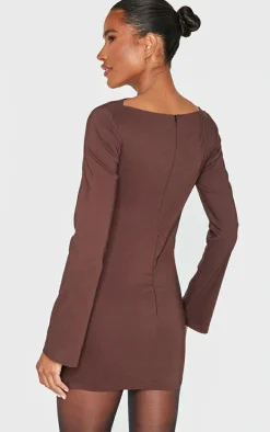 Chocolate Bengaline Long Sleeve Ruched Bodycon Dress