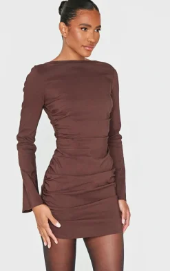 Chocolate Bengaline Long Sleeve Ruched Bodycon Dress