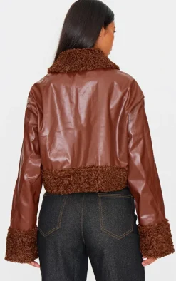 Chocolate Borg Pocket Front Faux Leather Cropped Coat