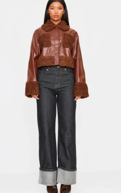 Chocolate Borg Pocket Front Faux Leather Cropped Coat