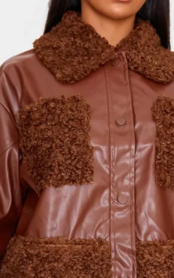 Chocolate Borg Pocket Front Faux Leather Cropped Coat