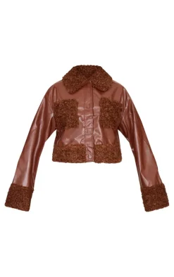 Chocolate Borg Pocket Front Faux Leather Cropped Coat