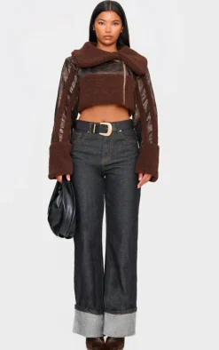 Chocolate Borg Trim Textured Look Faux Leather Aviator Jacket