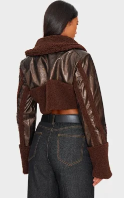 Chocolate Borg Trim Textured Look Faux Leather Aviator Jacket