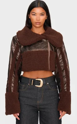 Chocolate Borg Trim Textured Look Faux Leather Aviator Jacket