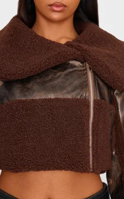 Chocolate Borg Trim Textured Look Faux Leather Aviator Jacket