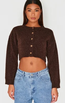 Chocolate Boucle Knit Button Through Cropped Cardigan