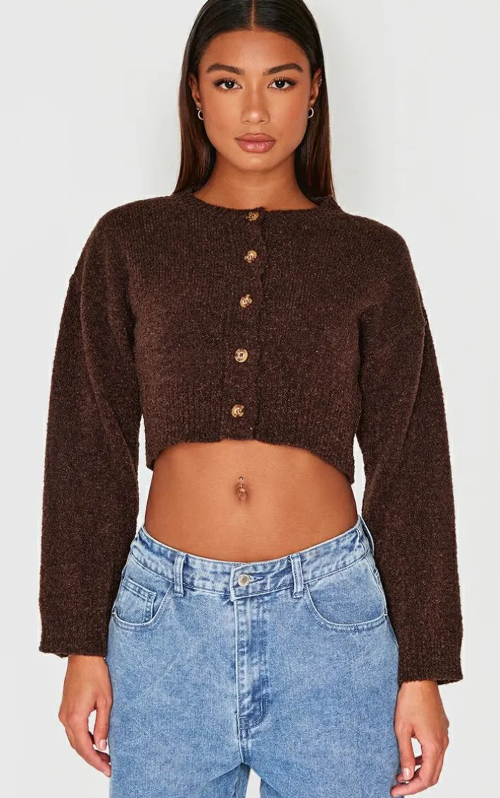 Chocolate Boucle Knit Button Through Cropped Cardigan