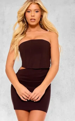 Chocolate Brown Corset Boned Bandeau Cut Out Dress