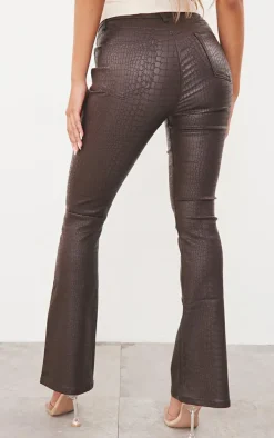 Chocolate Brown Croc Coated Denim Flared Jeans