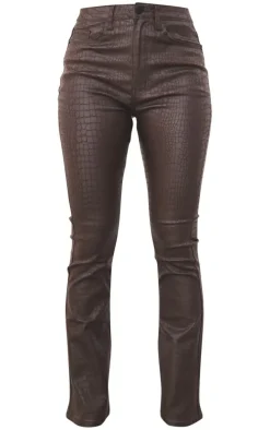 Chocolate Brown Croc Coated Denim Flared Jeans