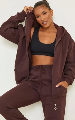 Chocolate Brown Extreme Oversized Pocket Front Zip Through Hoodie