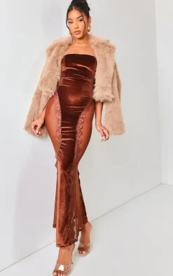 Chocolate Brown Lace Panel Velvet Bandeau Maxi Dress