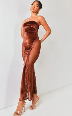 Chocolate Brown Lace Panel Velvet Bandeau Maxi Dress