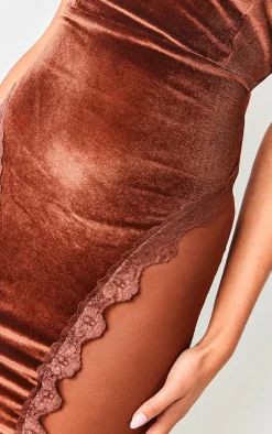 Chocolate Brown Lace Panel Velvet Bandeau Maxi Dress