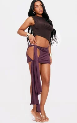 Chocolate Brown Matte Sculpt Tie Side Cut Out Mini Skirt