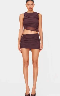 Chocolate Brown Mesh Ruched Trim Detail Crop Top