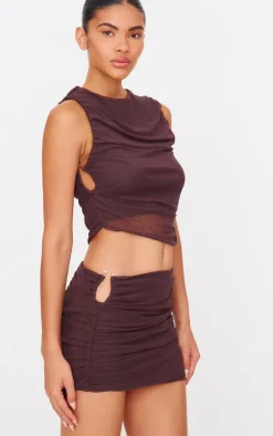 Chocolate Brown Mesh Ruched Trim Detail Crop Top