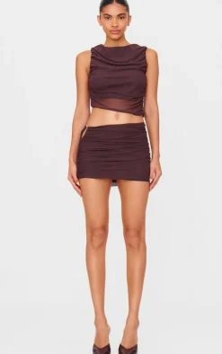 Chocolate Brown Mesh Trim Detail Ruched Skirt