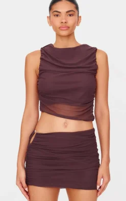Chocolate Brown Mesh Trim Detail Ruched Skirt