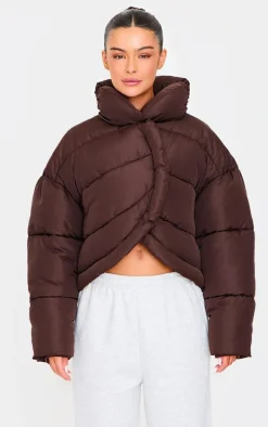 Chocolate Brown Quilted Asymmetric High Neck Puffer Jacket
