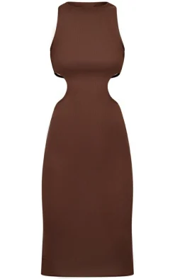 Chocolate Brown Rib Cut Out Side Midi Dress