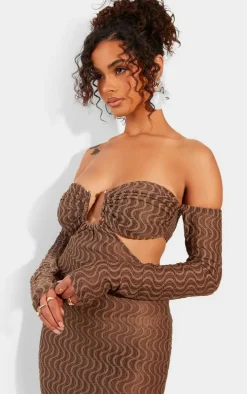 Chocolate Brown Ribbed Bardot Long Sleeve Cut Out Maxi Dress