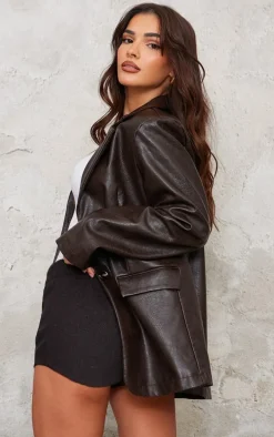 Chocolate Brown Washed PU Pocket Oversized Blazer