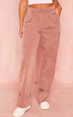 Chocolate Brown Woven Oversized Turn Up Hem Straight Leg Pants