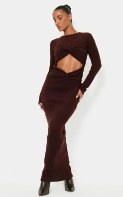Chocolate Brushed Rib Cut Out Detail Maxi Dress