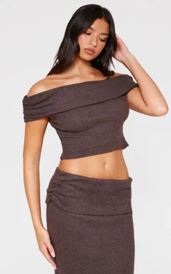 Chocolate Brushed Rib Off The Shoulder Longline Top