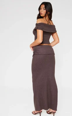 Chocolate Brushed Rib Off The Shoulder Longline Top