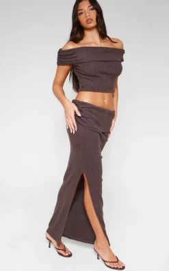 Chocolate Brushed Rib Ruched Detail Foldover Maxi Skirt