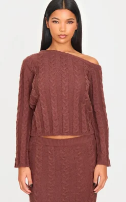 Chocolate Cable Knit Asymmetric Neckline Oversized Sweater