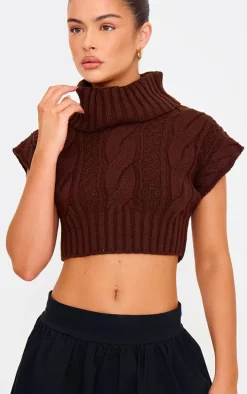 Chocolate Cable Knit Roll Neck Cap Sleeve Cropped Vest