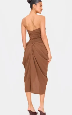 Chocolate Chiffon Corset Bandeau Draped Midi Dress