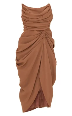 Chocolate Chiffon Corset Bandeau Draped Midi Dress