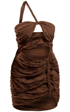 Chocolate Chiffon Cut Out Plait Detail One Shoulder Bodycon Dress