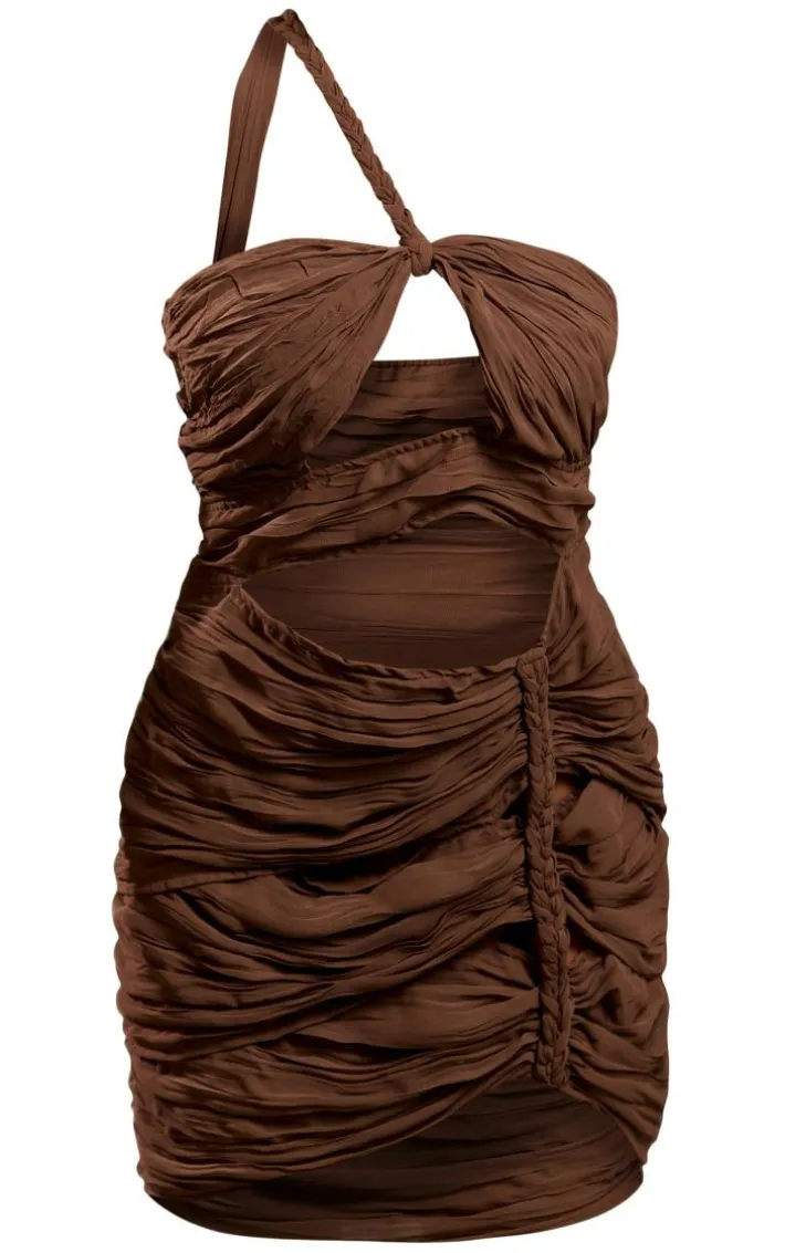Chocolate Chiffon Cut Out Plait Detail One Shoulder Bodycon Dress