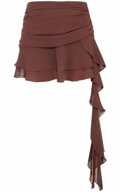 Chocolate Chiffon Ruffled Draped Detail Mini Skirt