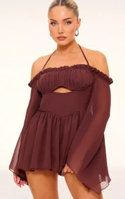 Chocolate Chiffon Underwire Bardot Floaty Romper
