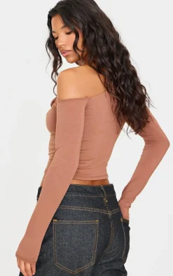 Chocolate Contour Jersey Bardot Twist Detail Long Sleeve Top