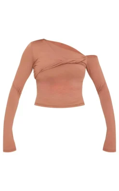 Chocolate Contour Jersey Bardot Twist Detail Long Sleeve Top