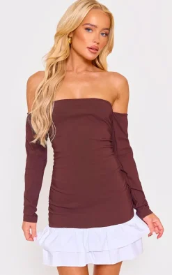 Chocolate Contrast Bardot Ruched Shift Dress