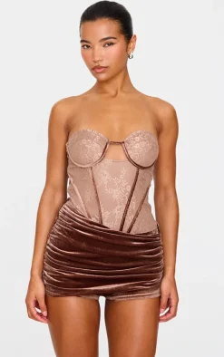 Chocolate Contrast Lace Velvet Wrap Detail Skort Romper