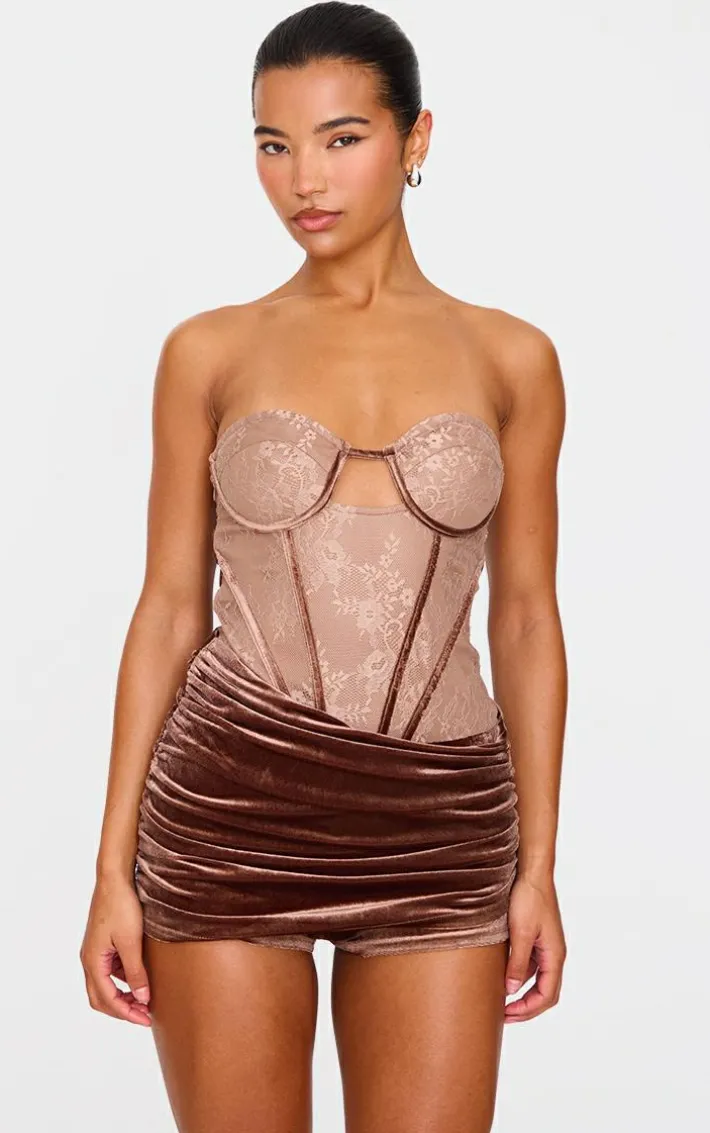 Chocolate Contrast Lace Velvet Wrap Detail Skort Romper