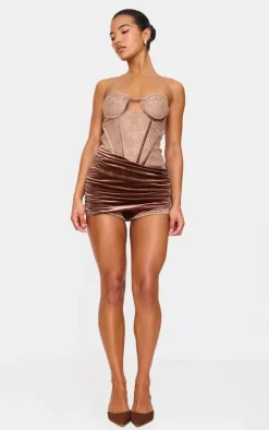Chocolate Contrast Lace Velvet Wrap Detail Skort Romper